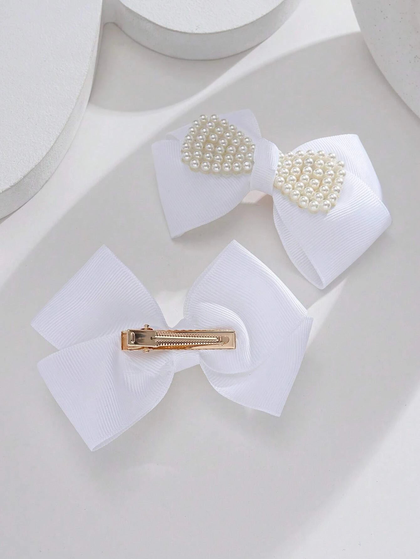 2pcs Toddler Girls Bow & Faux Pearl Decor Fashionable Hair Clip For Daily Decoration