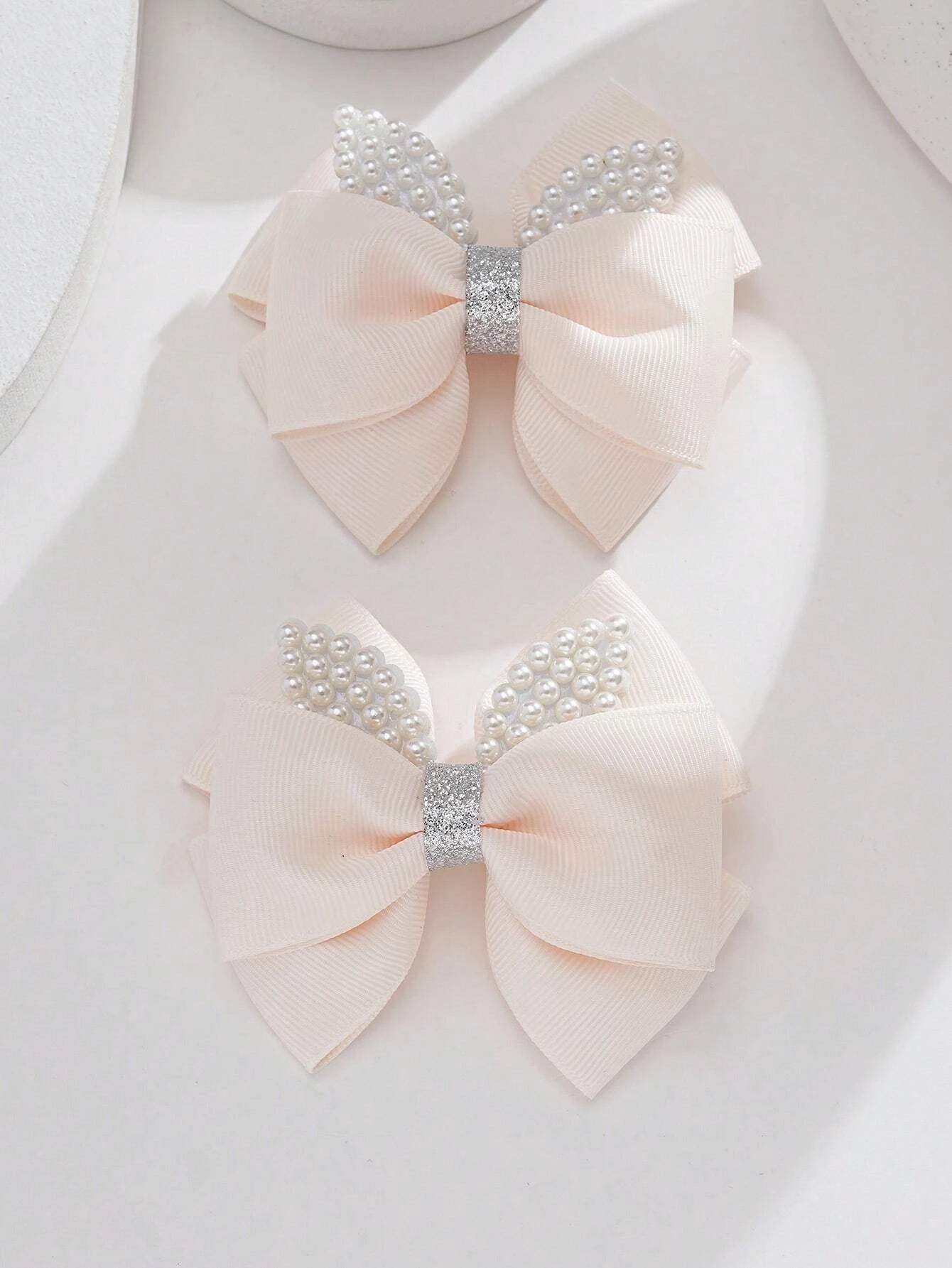 2pcs Toddler Girls Bow & Faux Pearl Decor Fashionable Hair Clip For Daily Decoration