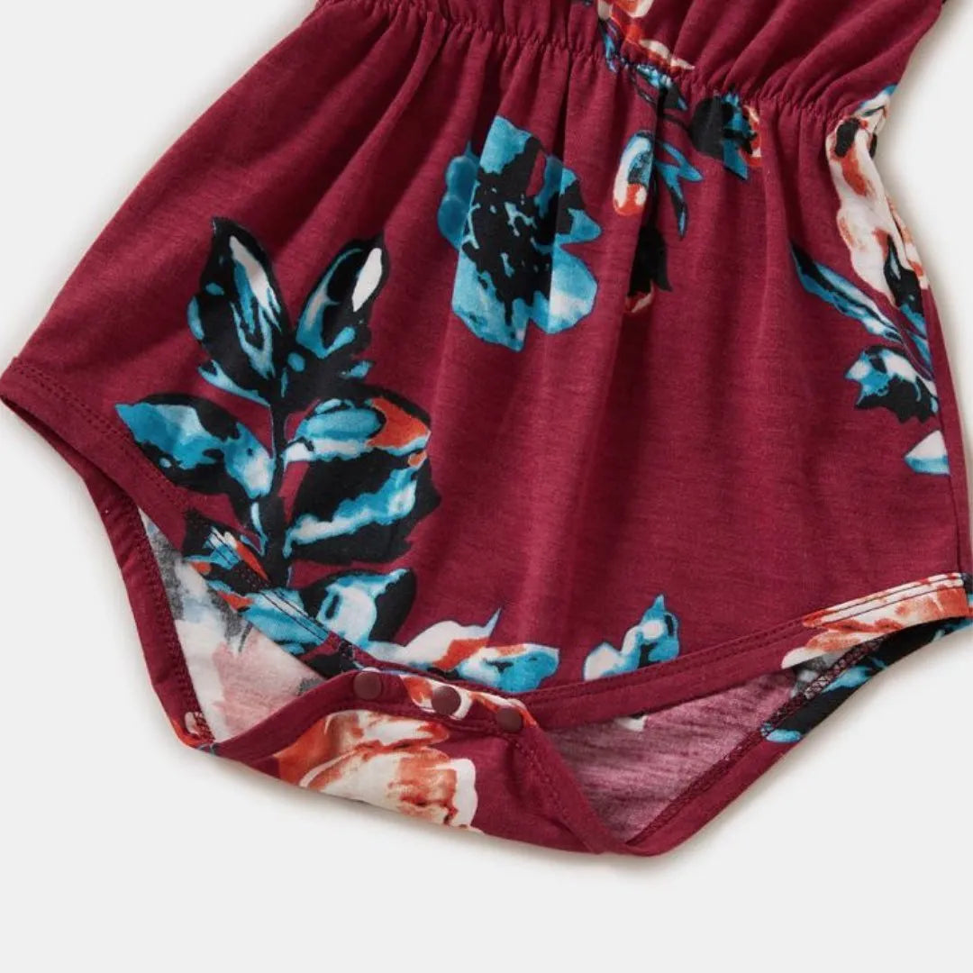 Floral Print Short Sleeve Burgundy Dress.