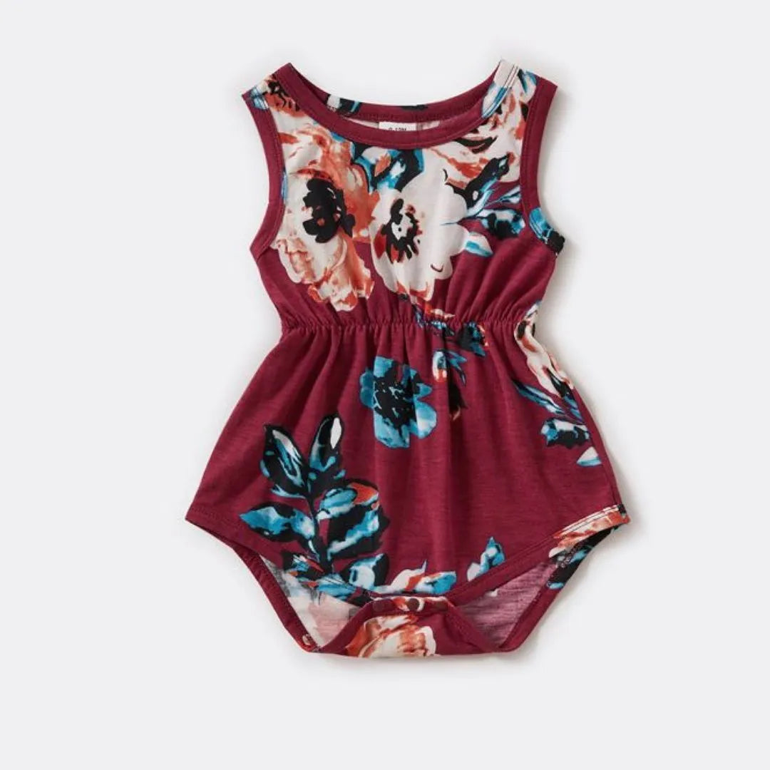 Floral Print Short Sleeve Burgundy Dress.