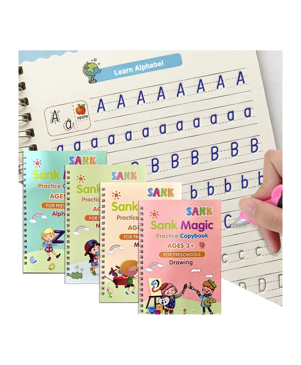 Sank Magic Books Set | 4 Books With Pen & Refills Reusable Handwriting Workbook Tracing Practice Book For Preschools