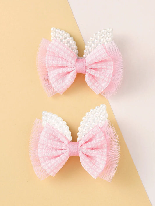 2pcs Toddler Girls Faux Pearl & Bow Decor Hair Clip