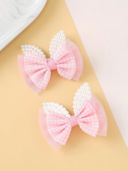 2pcs Toddler Girls Faux Pearl & Bow Decor Hair Clip