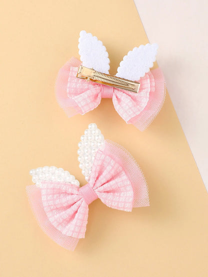 2pcs Toddler Girls Faux Pearl & Bow Decor Hair Clip