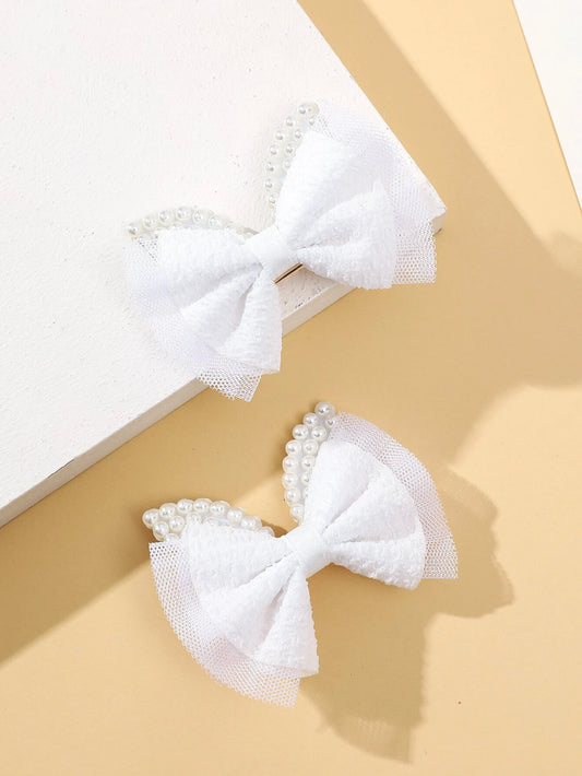 2pcs Toddler Girls Bow & Faux Pearl Decor Hair Clip