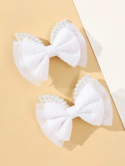2pcs Toddler Girls Bow & Faux Pearl Decor Hair Clip