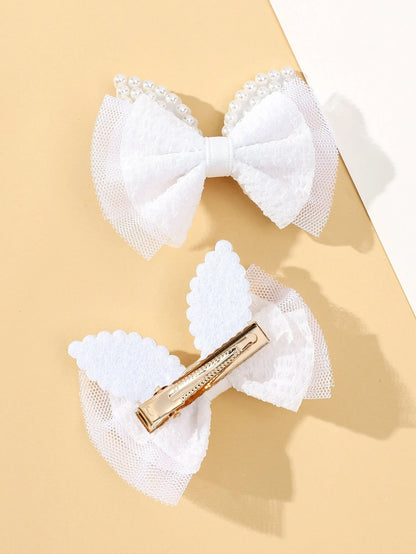 2pcs Toddler Girls Bow & Faux Pearl Decor Hair Clip