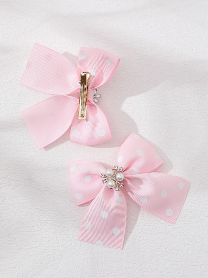 2pcs Pink Polka Dot Bow Decor Alligator Hair Clip