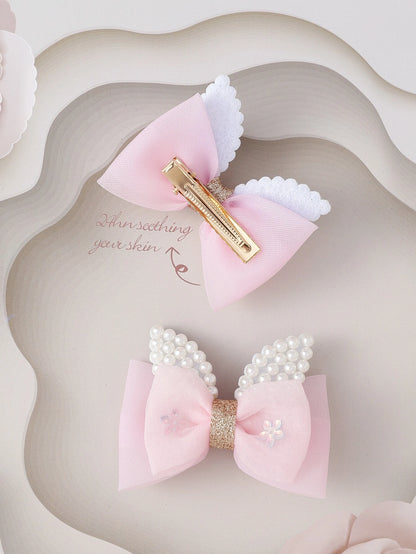 2pcs Toddler Girls Faux Pearl & Bow Decor Hair Clip