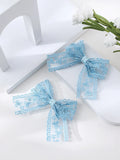 2pcs Floral Embroidered Bow Sky Blue