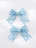 2pcs Floral Embroidered Bow Sky Blue