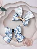 2pcs Toddler Girls Blue Floral Print Bow Decor Hair Clip