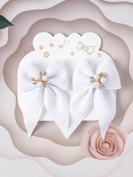 2pcs Toddler Girls Rhinestone & Faux Pearl Detail Bow Decor Casual Hair Clipk