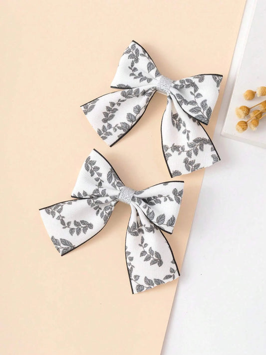 2pcs Toddler Girls Black Plant Print Bow Decor Hair Clip