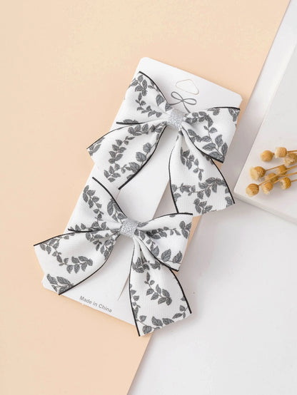 2pcs Toddler Girls Black Plant Print Bow Decor Hair Clip
