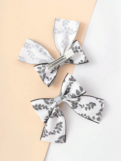 2pcs Toddler Girls Black Plant Print Bow Decor Hair Clip