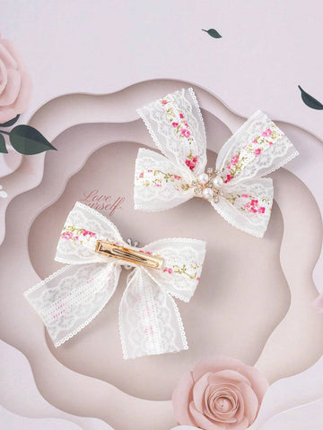 2pcs Toddler Girls Floral Print Bow Decor Hair Clip