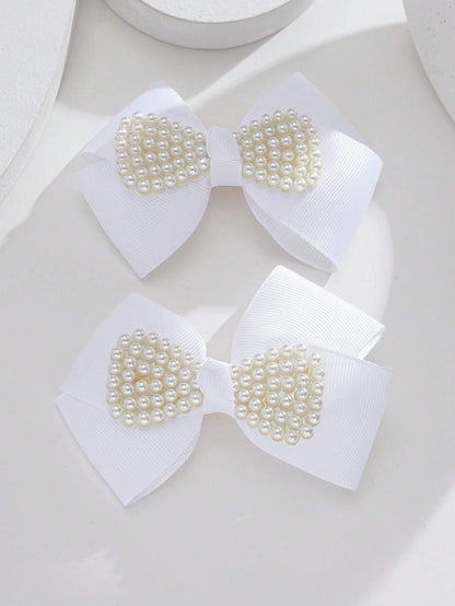 2pcs Toddler Girls Bow & Faux Pearl Decor Fashionable Hair Clip For Daily Decoration