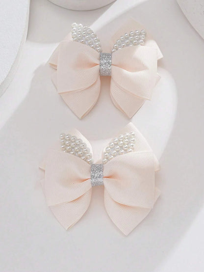 2pcs Toddler Girls Bow & Faux Pearl Decor Fashionable Hair Clip For Daily Decoration