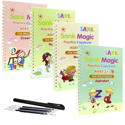 Sank Magic Books Set | 4 Books With Pen & Refills Reusable Handwriting Workbook Tracing Practice Book For Preschools