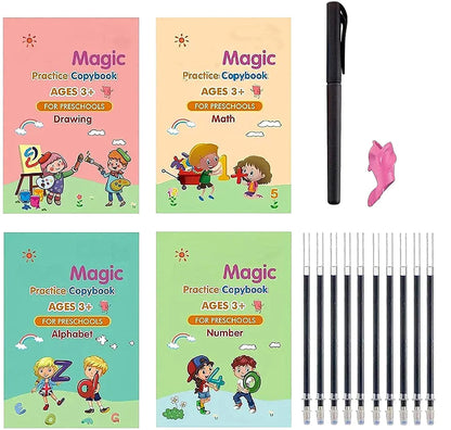 Sank Magic Books Set | 4 Books With Pen & Refills Reusable Handwriting Workbook Tracing Practice Book For Preschools