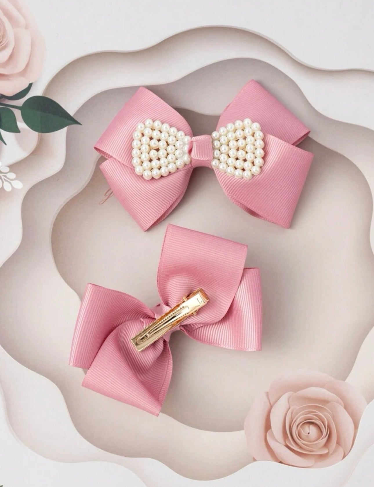 2pcs Pearl Bow Hair Clips Tea Pink