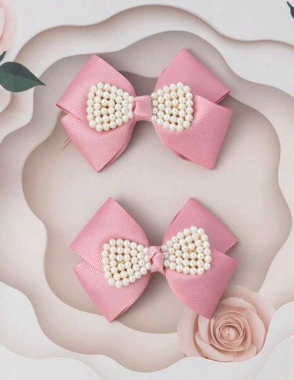 2pcs Pearl Bow Hair Clips Tea Pink