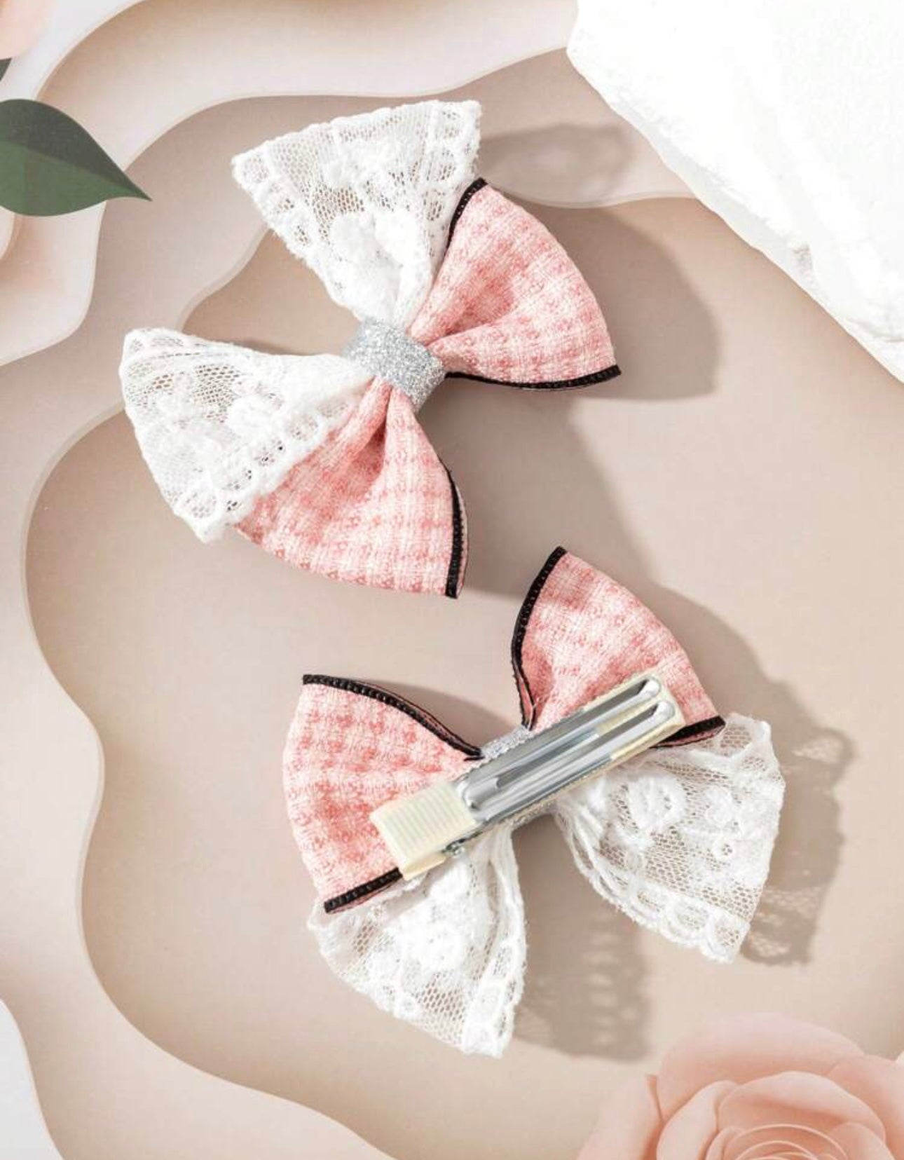 2Pcs Spring Style Luxury Hair Bows Pink & White