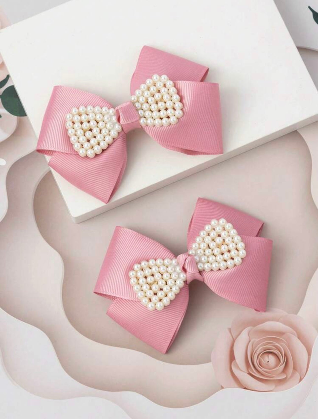 2pcs Pearl Bow Hair Clips Tea Pink