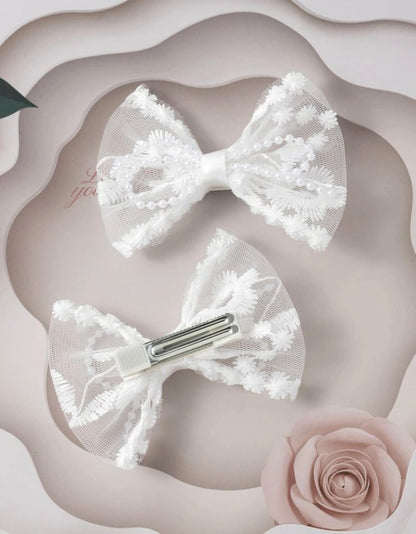 2pcs Fancy Met White Girls Bow Decor Hair Clip