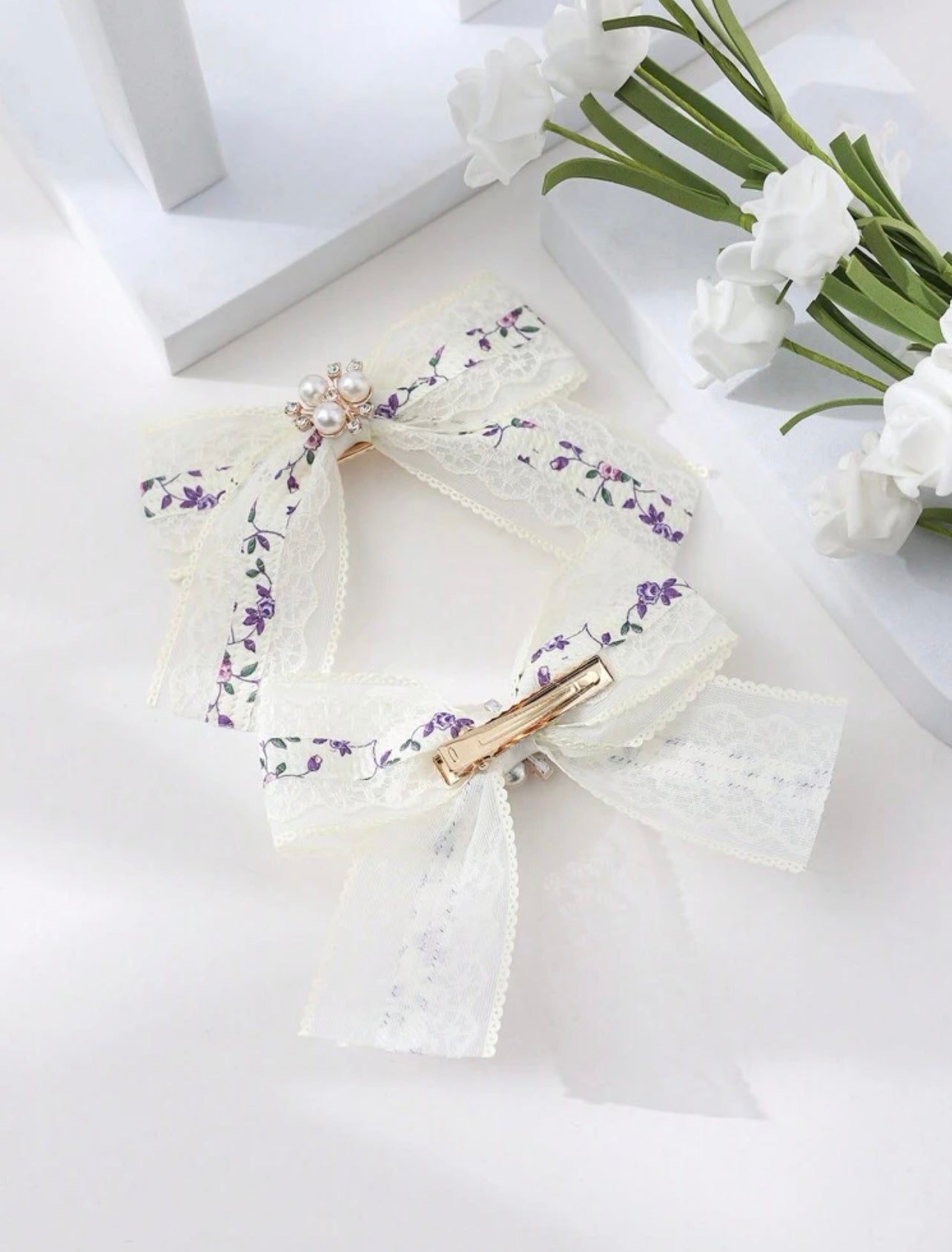 2pcs Purple Floral Pattern Bow Decor Alligator Hair Clip