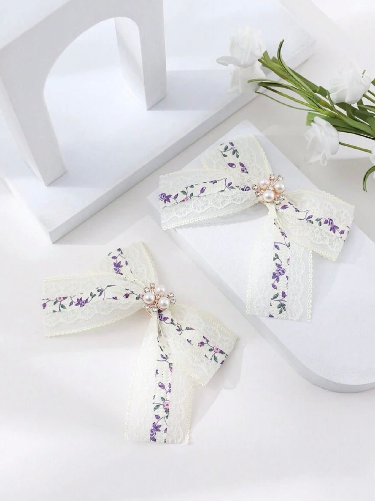 2pcs Purple Floral Pattern Bow Decor Alligator Hair Clip