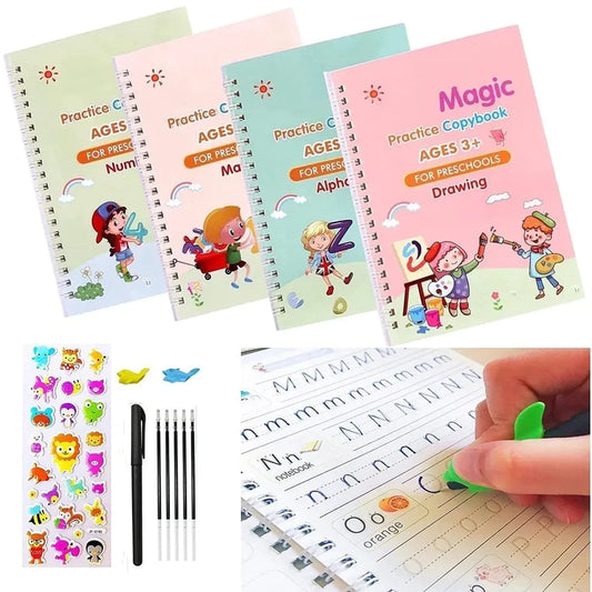 Sank Magic Books Set | 4 Books With Pen & Refills Reusable Handwriting Workbook Tracing Practice Book For Preschools