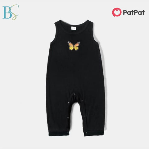 Solid Black Butterfly Print Sleeveless Cotton Romper